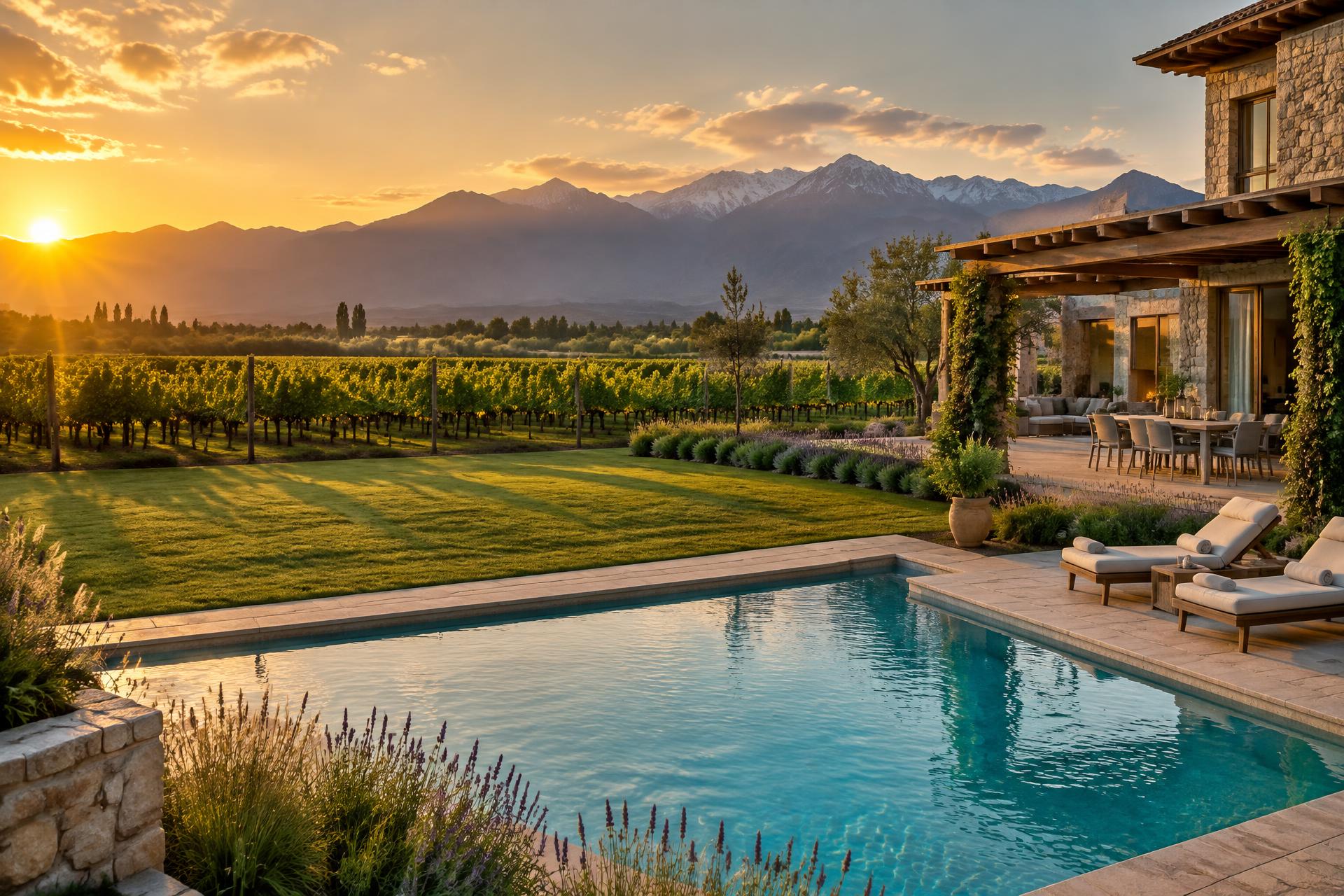 Casa con pileta frente a viñedos y la cordillera en Mendoza